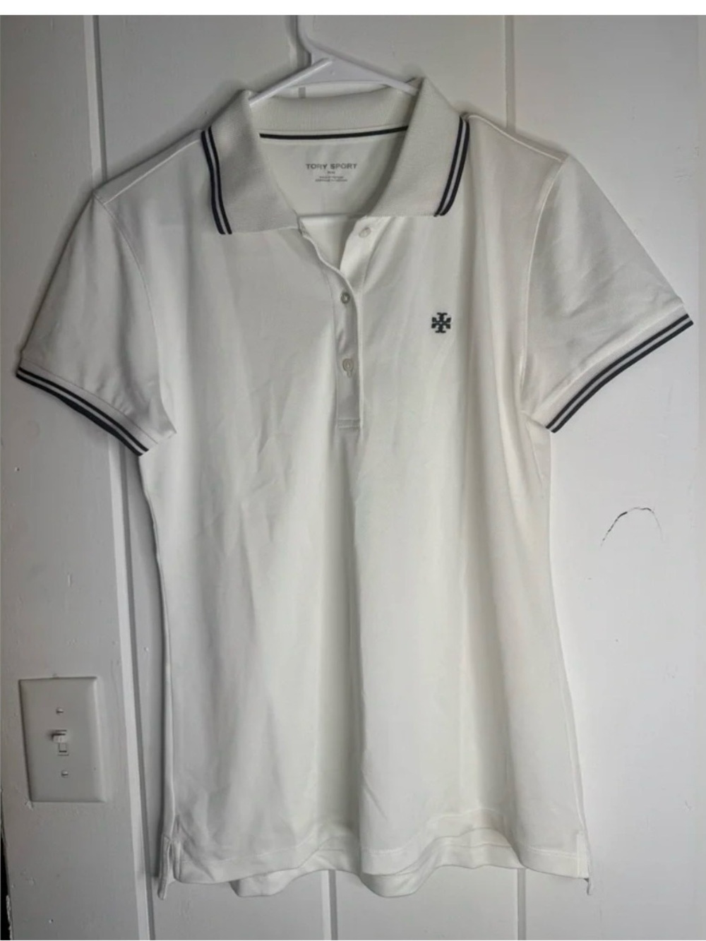 Tory Sport White Polo with Navy Stripe Trim